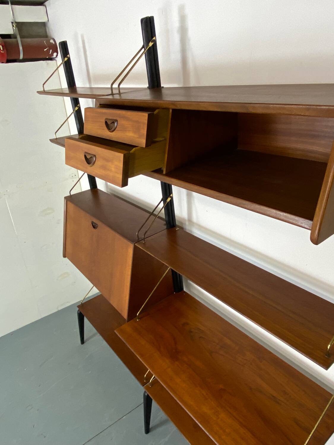 Mid-Century Danish Style Teak and Brass Wall System Unit by Louis Van Teeffelen for Wébé, 1950s