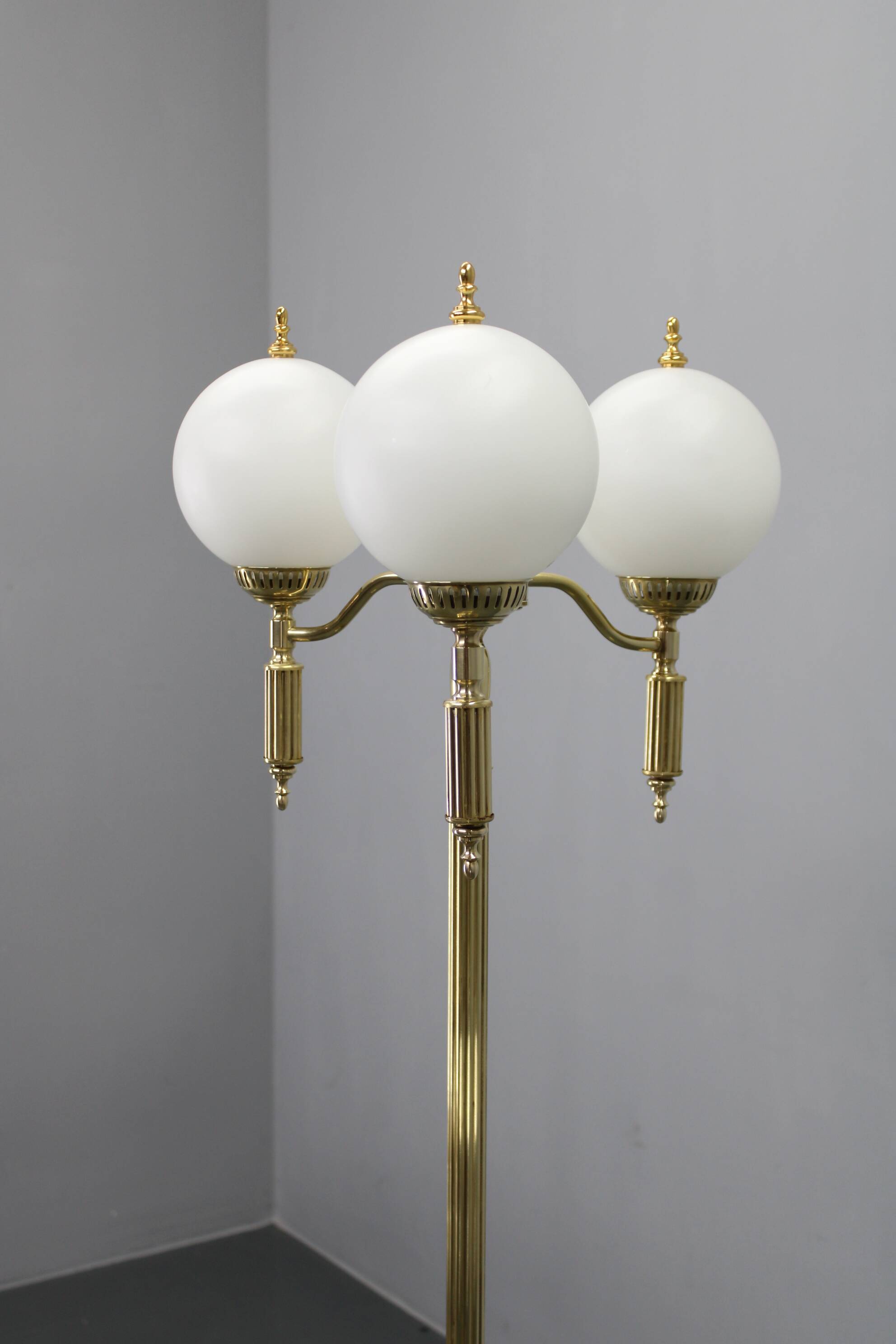 1970s Czechoslovak floor lamp in brass with milky glass shades