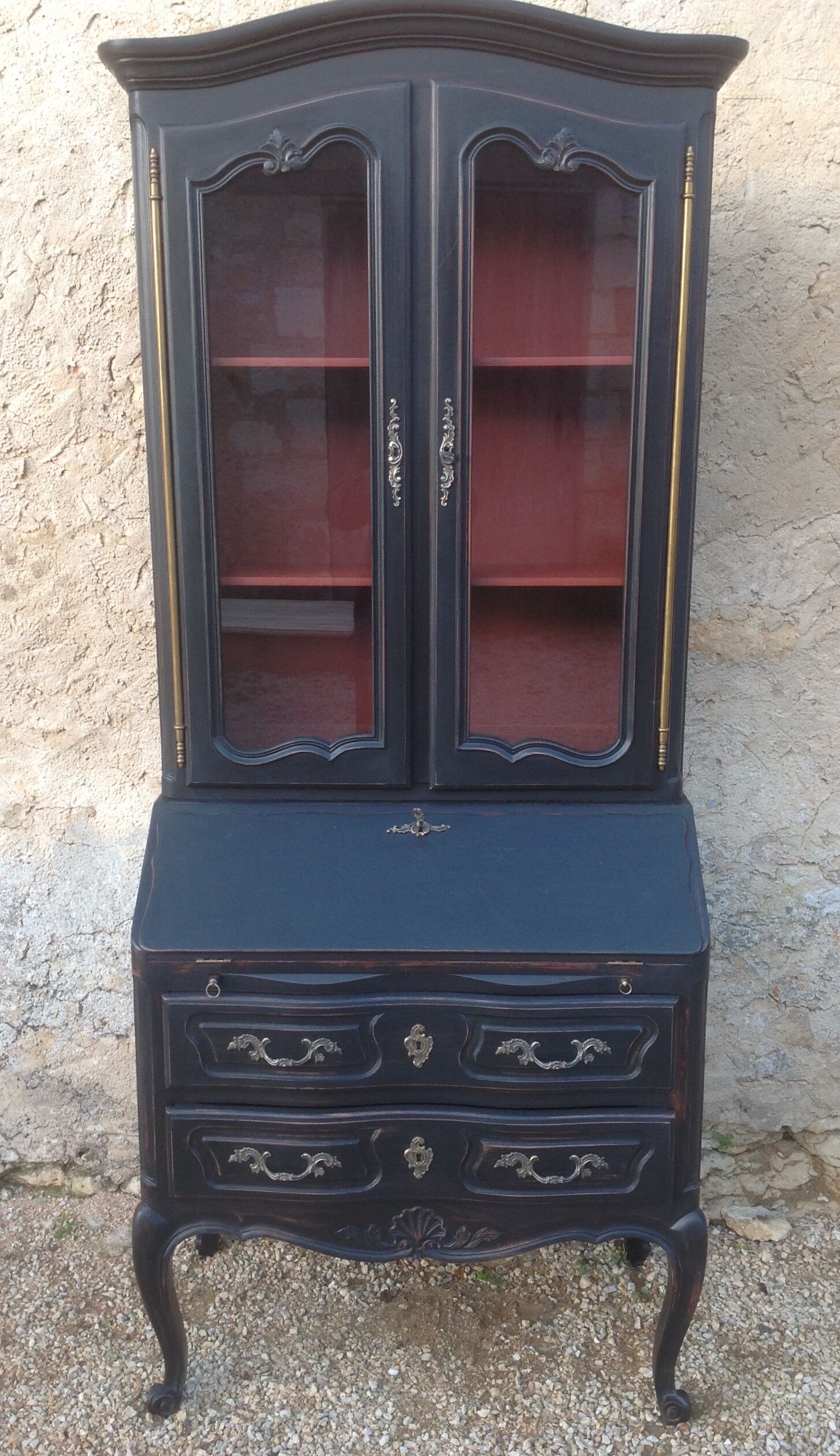 Louis XV style scriban bookcase in black and Basque red patinated cherry wood