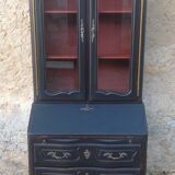 Louis XV style scriban bookcase in black and Basque red patinated cherry wood