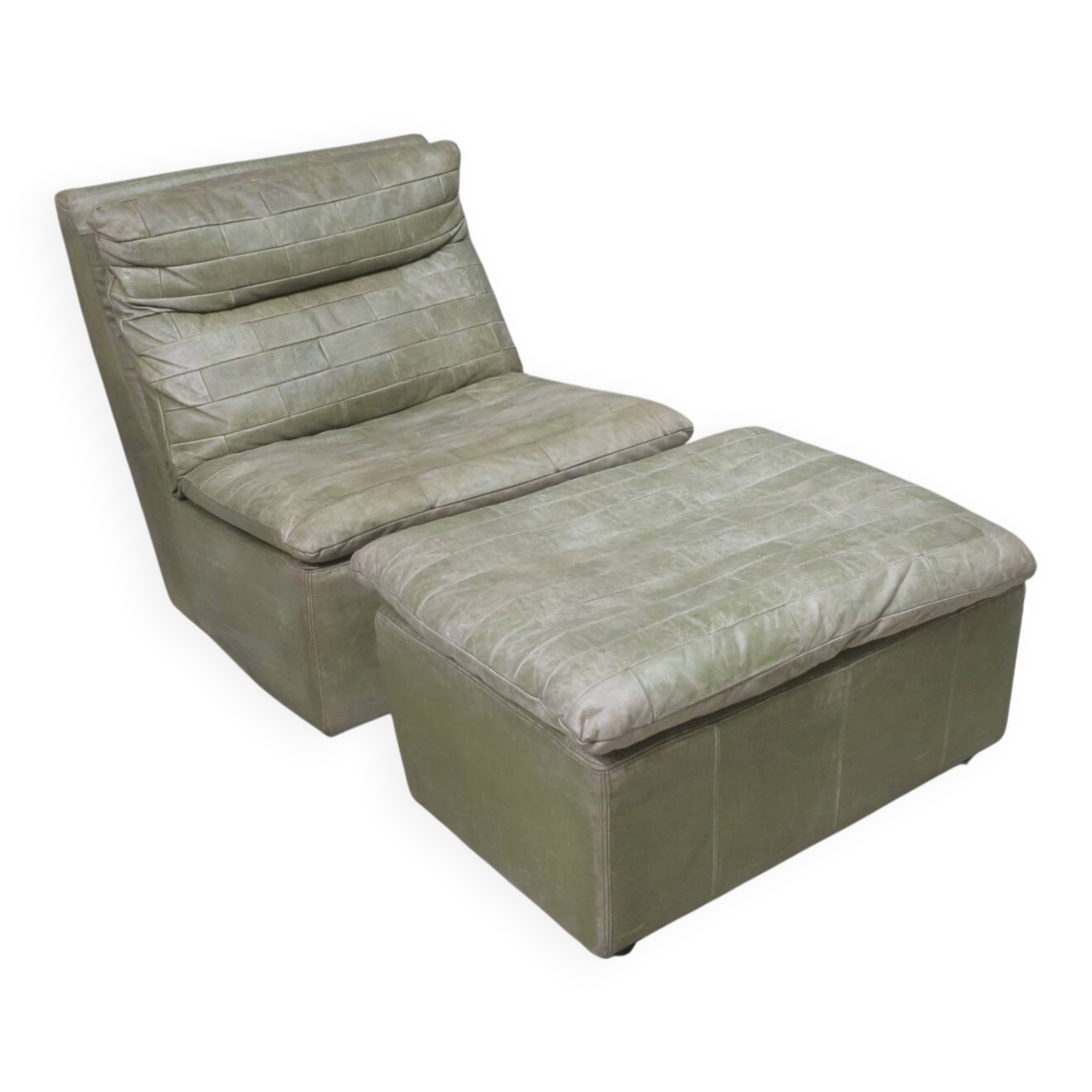 Laauser armless patchwork olive leather lounge chair and ottoman, 1970s