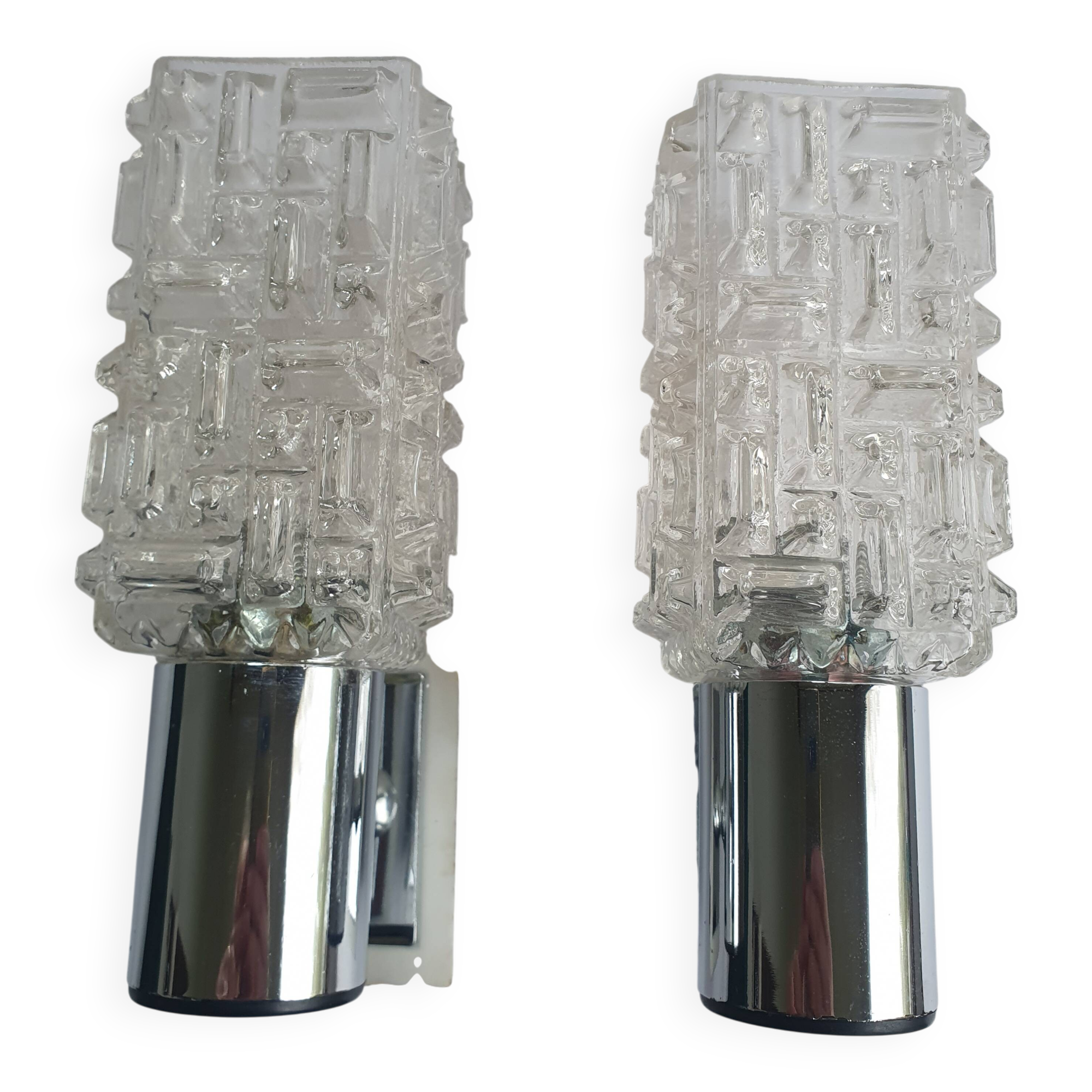 Pair of vintage chrome wall lights with square globes, Italian Targetti, 1970