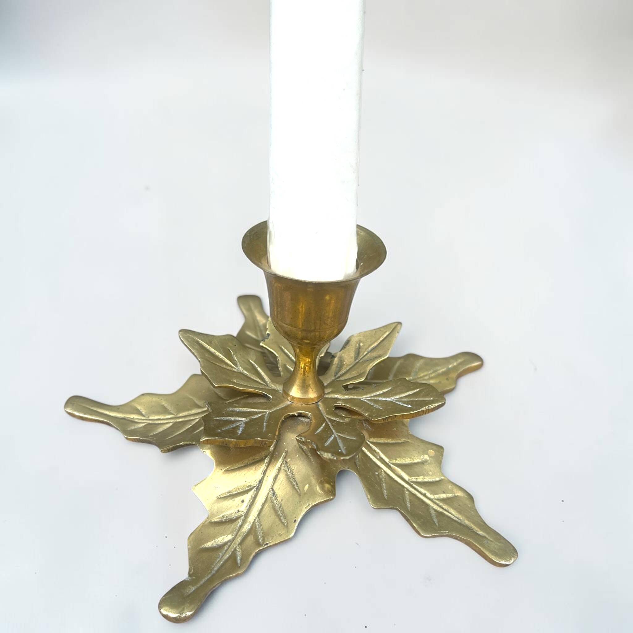 Brass candlestick in the shape of holly leaves _ bohemian chic candlestick