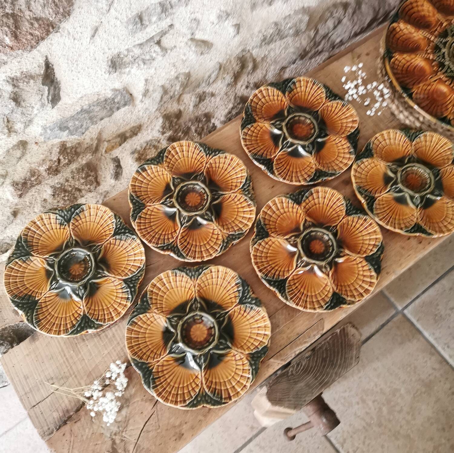 6 Oyster Plates, Seafood in Barbotine, Sarreguemines