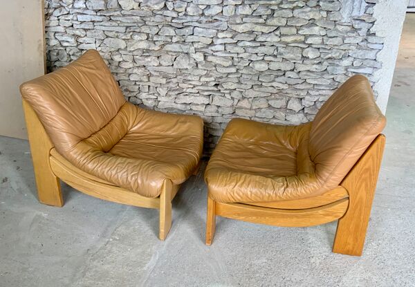 Salon en cuir et bois de la Maison Regain années 1950/60