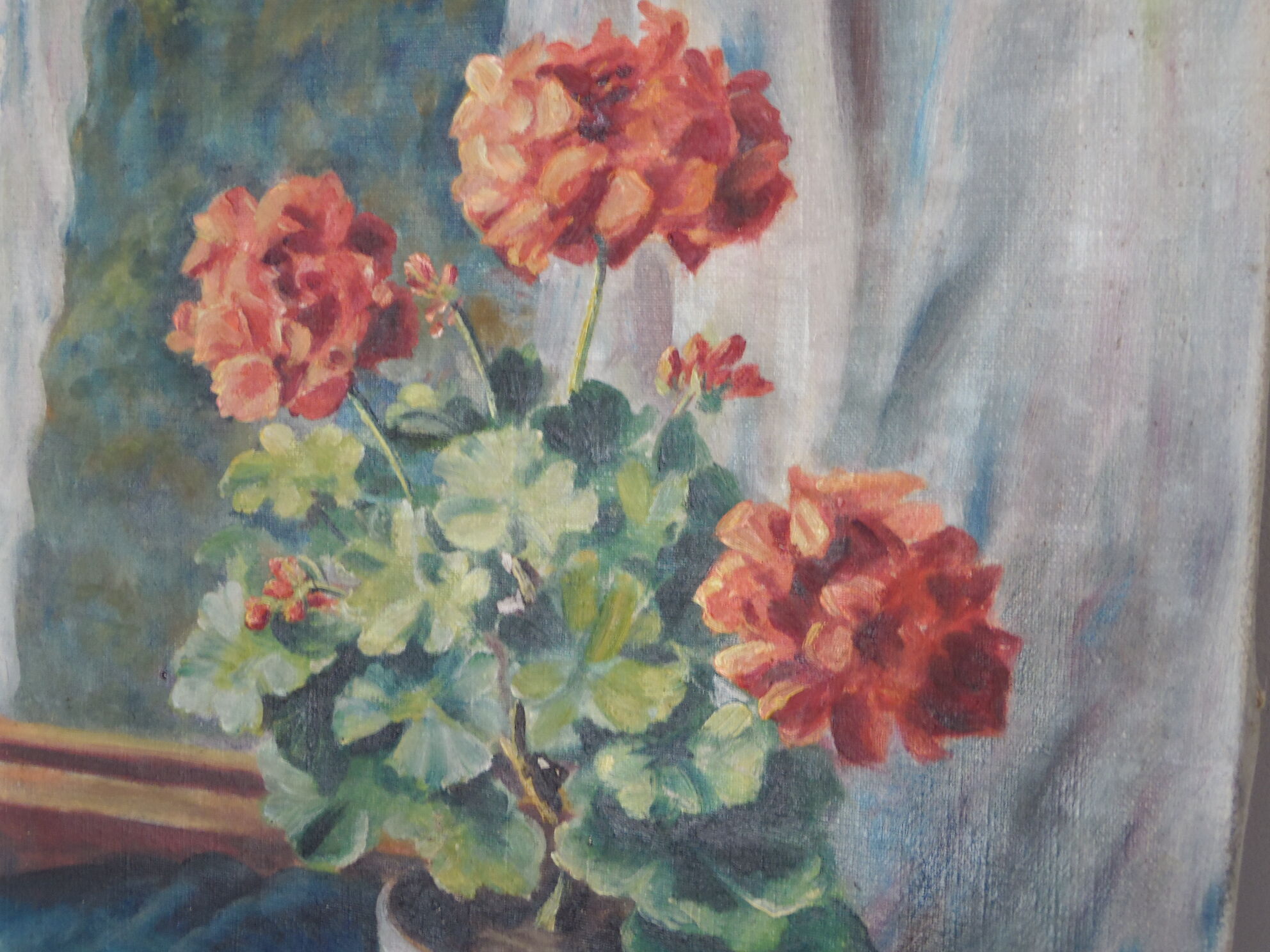 Peinture a l'huile signé, nature morte  pot de geranium