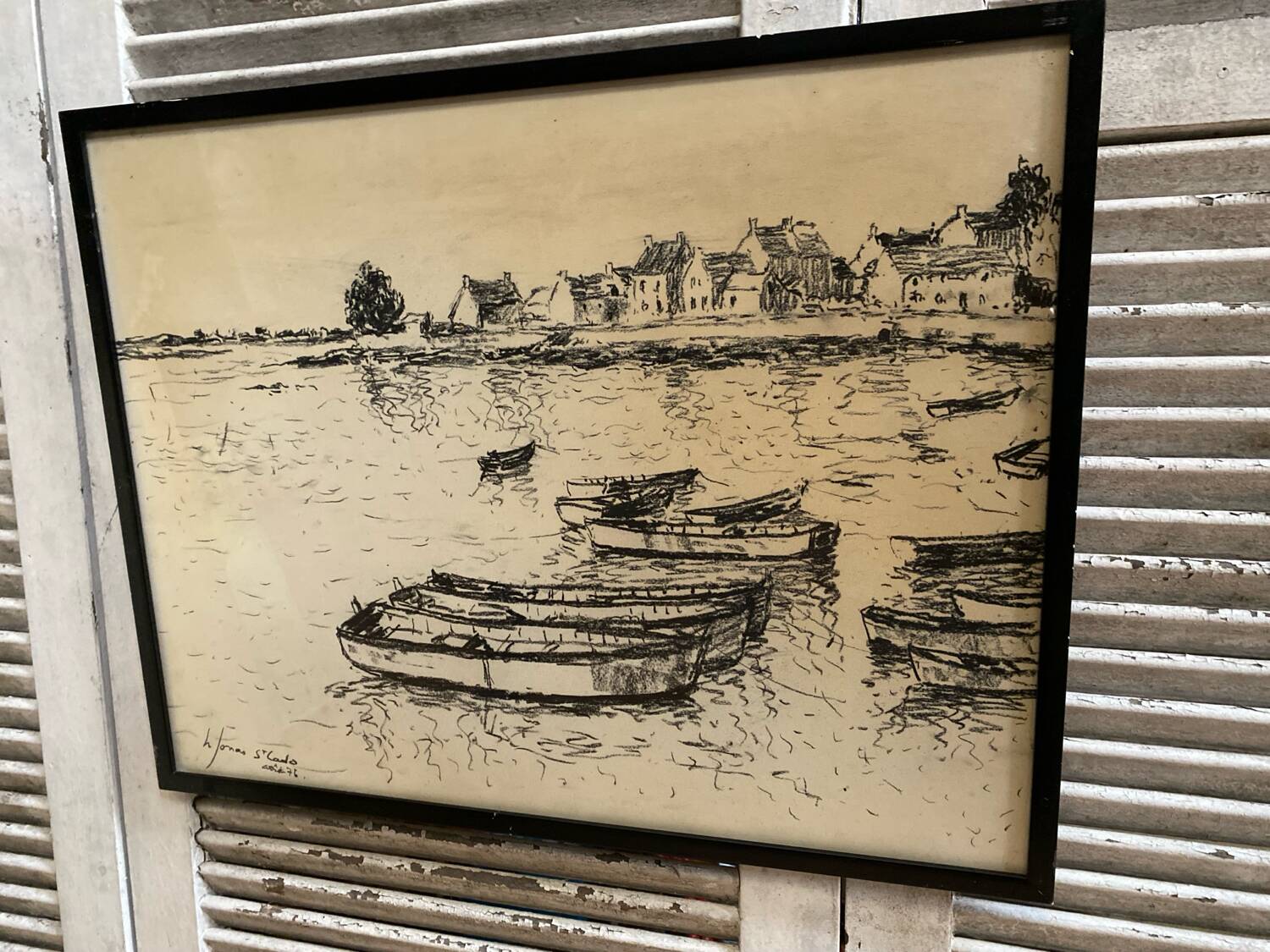 Old charcoal lithograph h. jonas st carlo august 76 + black wood frame