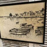 Ancienne lithographie fusain h. jonas st carlo août 76 + cadre bois noir