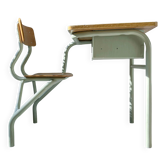 Bureau d’écolier vintage 1960 – Pupitre ancien en bois et métal vert d’eau – Mobilier scolaire rétro – Bureau enfant vintage