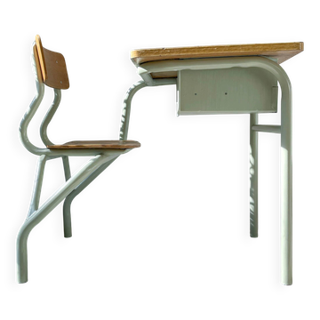 Bureau d’écolier vintage 1960 – Pupitre ancien en bois et métal vert d’eau – Mobilier scolaire rétro – Bureau enfant vintage