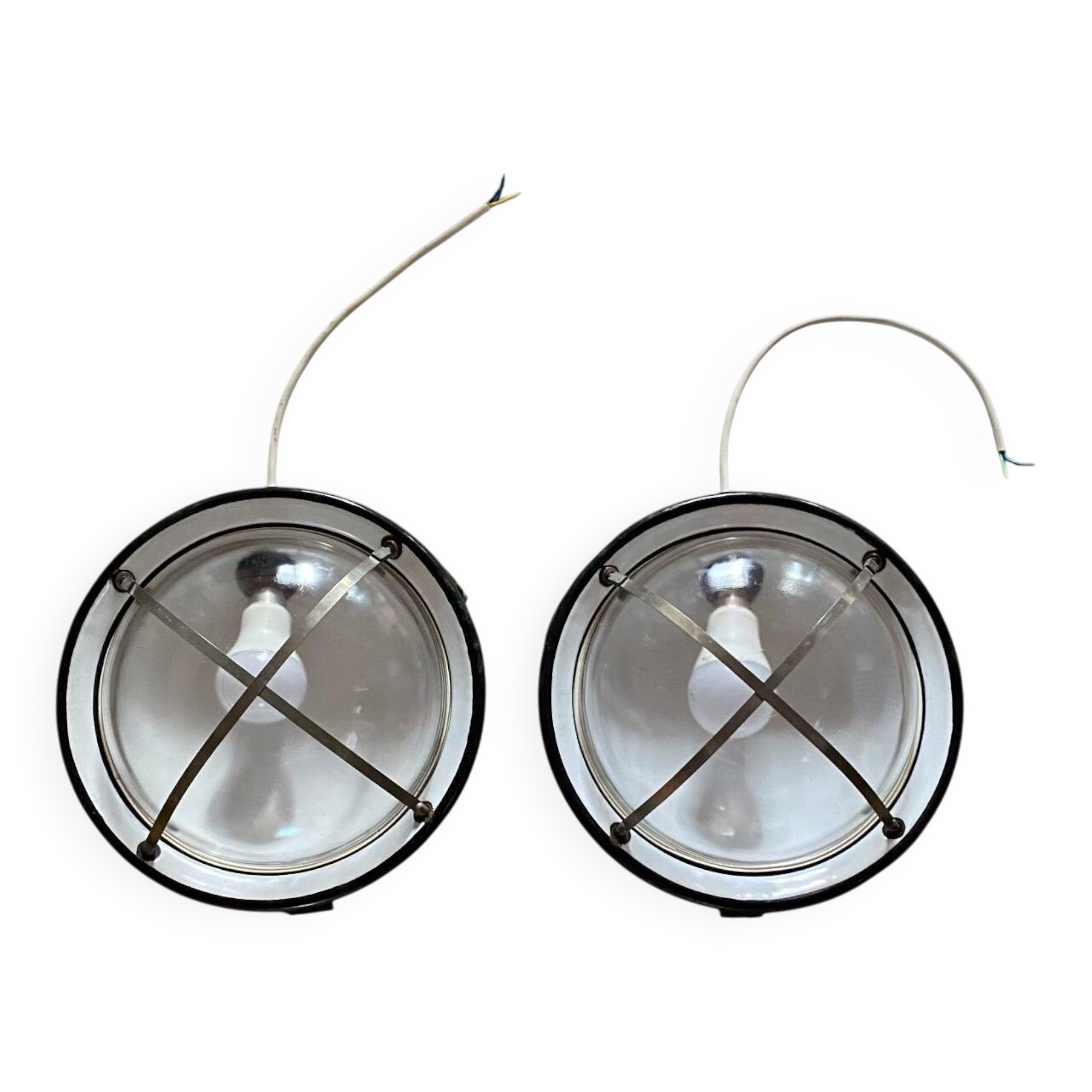 Pair of vintage industrial wall sconces or ceiling lights in enamelled sheet metal.