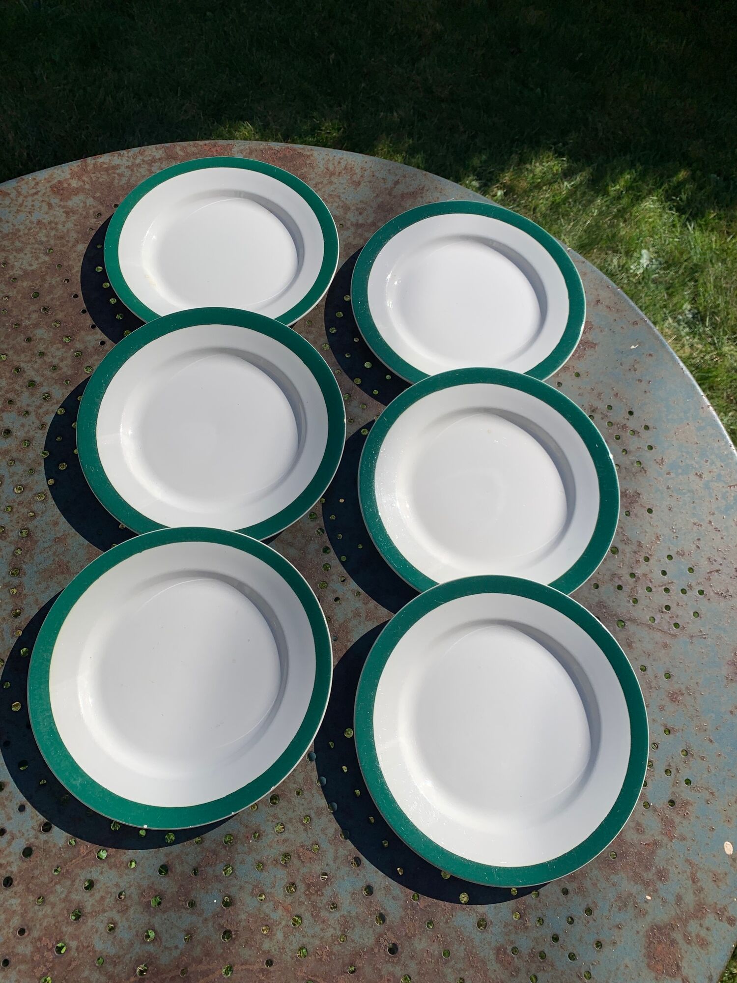 6 flat antique earthenware plates with dark green edging Digoin sarreguemines old france