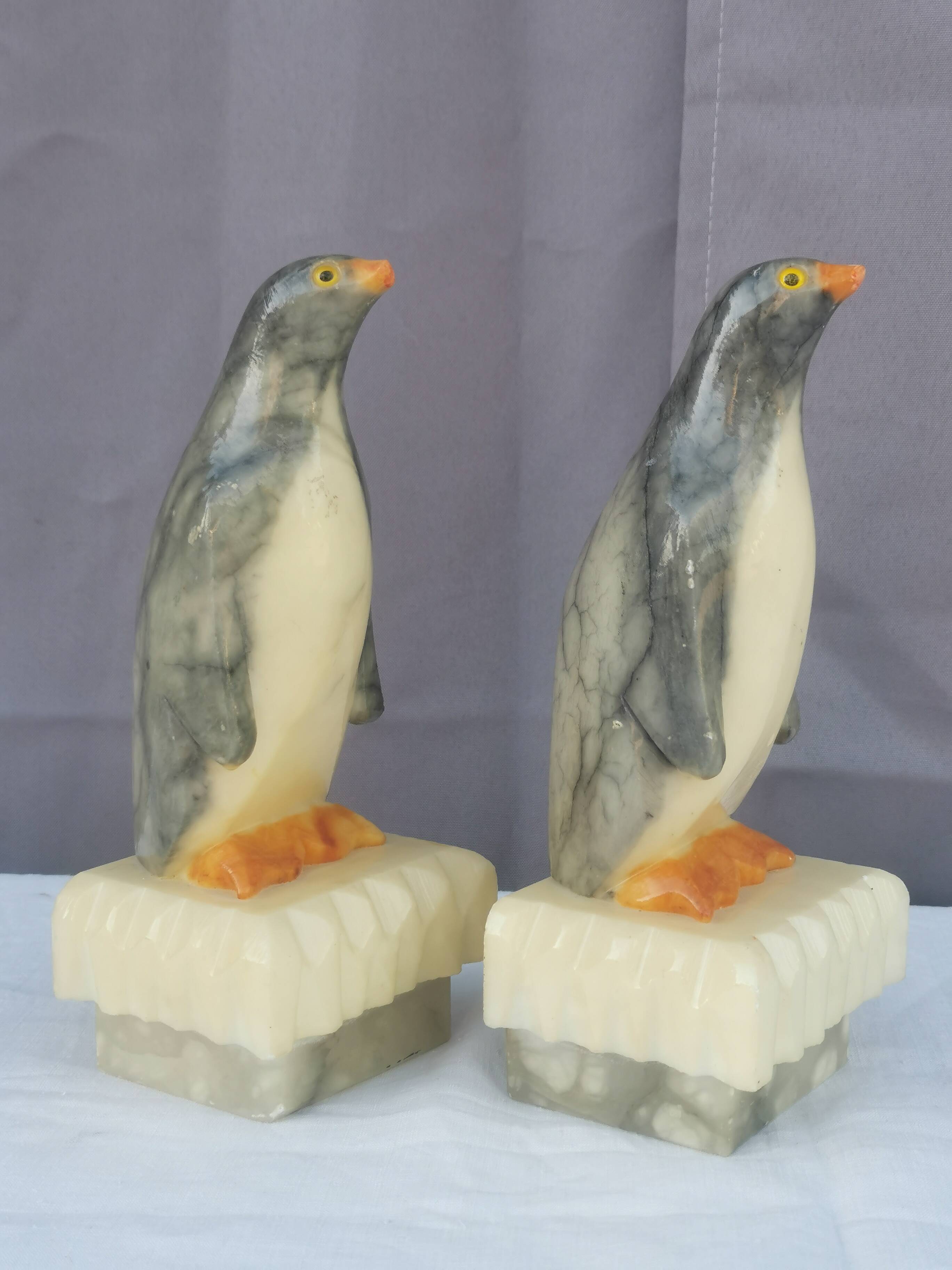 Pair of “penguins” bookends in alabaster