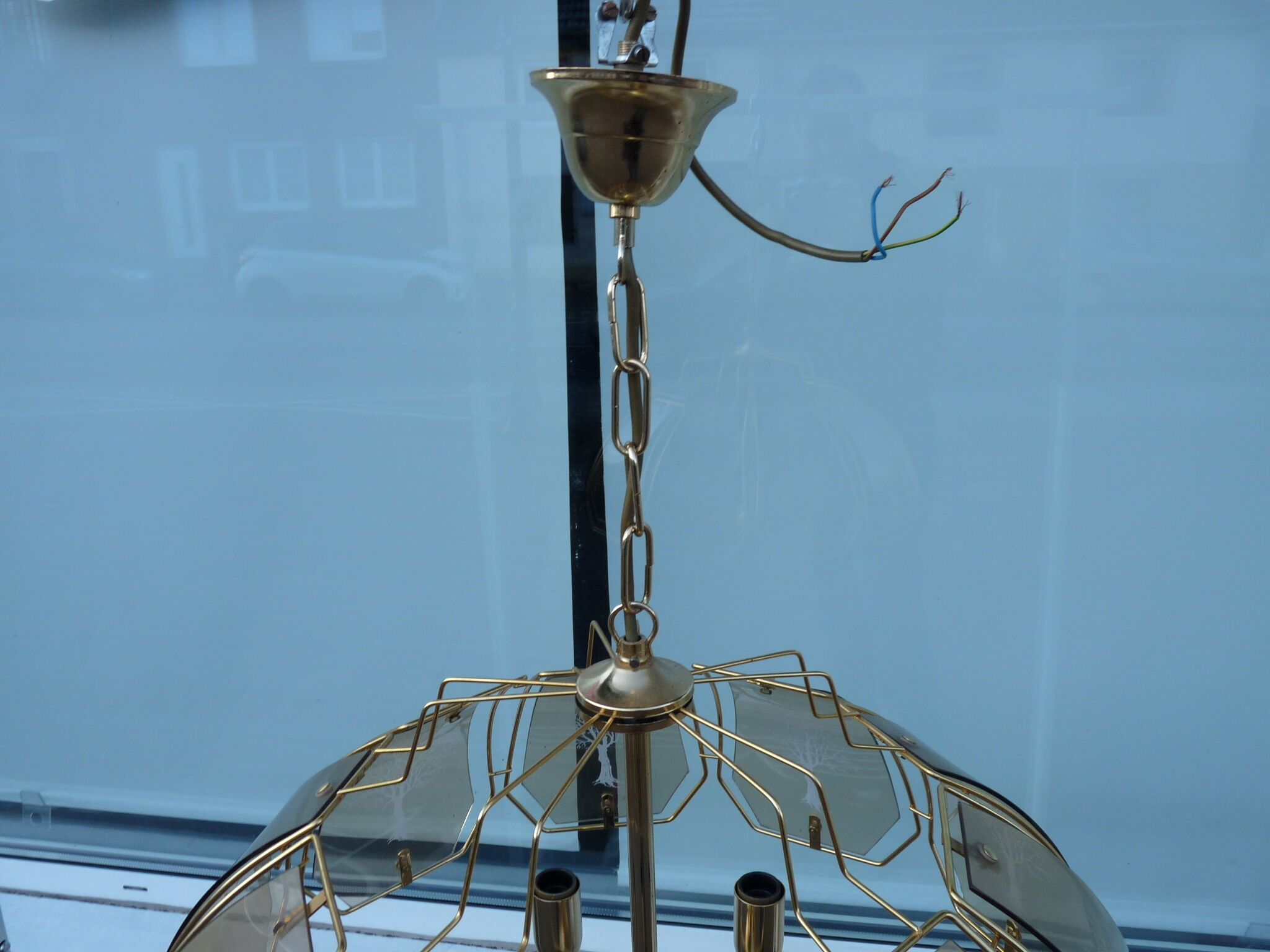 Lustre doré 5 feux verre fumé arbre