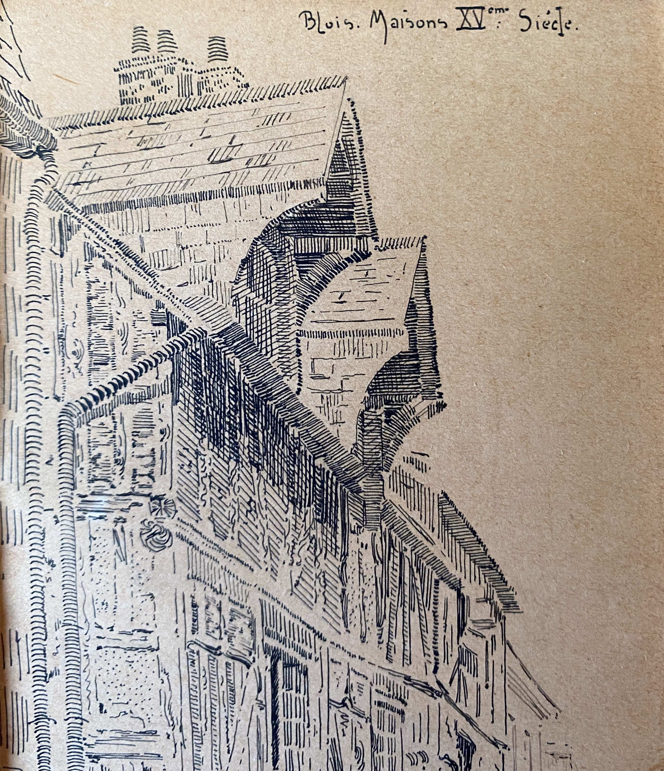 Painting pair of original pen ink seen by blois jean oudin