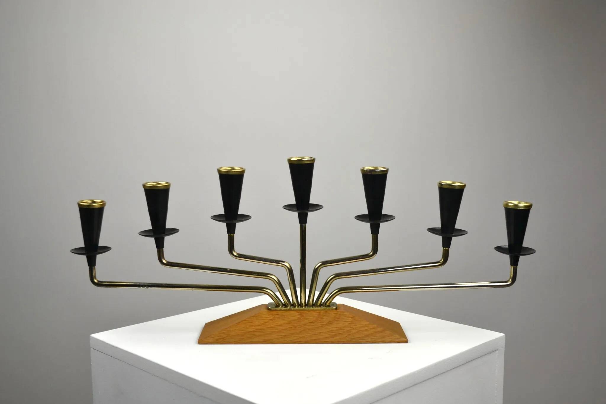Brass, Black Painted Metal and Teak Candelabra by Gunnar Ander for Ystad-Metall, Sweden, 1960s