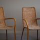 Set of 4 vintage Italian wicker and birch armchairs, mid-century modern, 1950.
