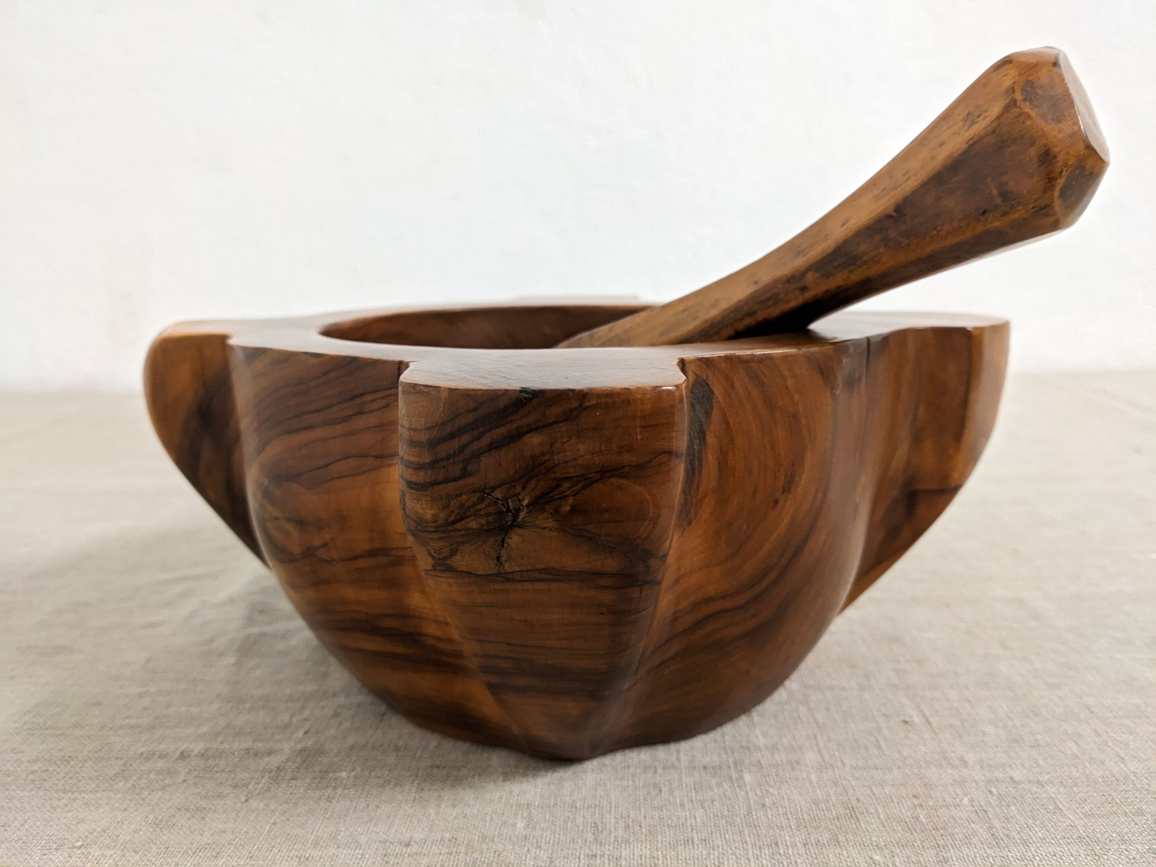 Mortar and its vintage olive wood pestle