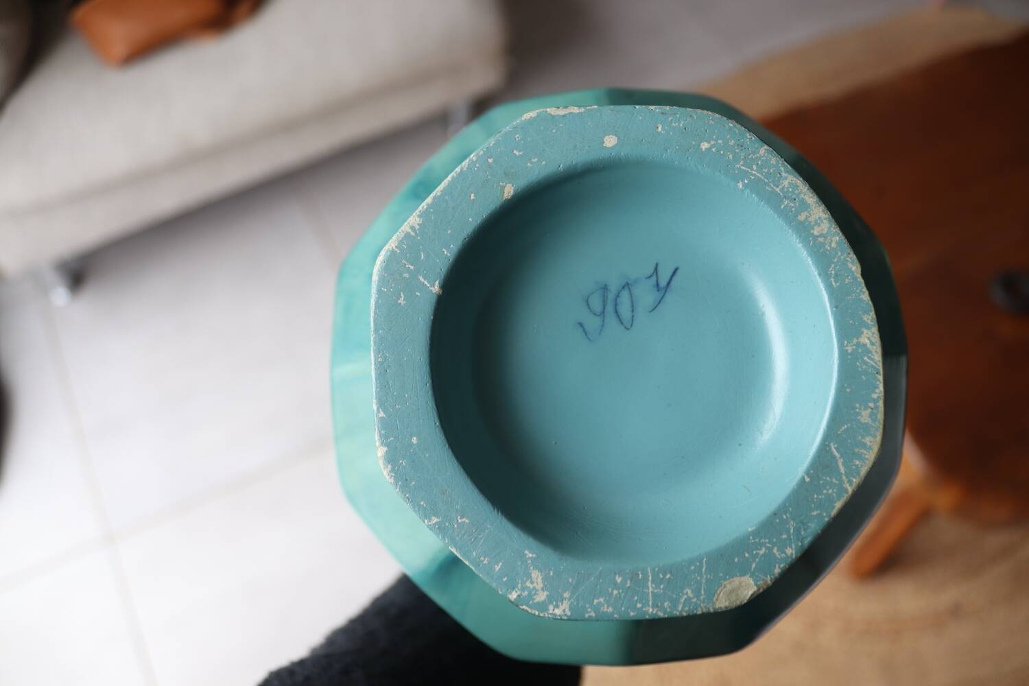 Antique blue ceramic origami ball vase