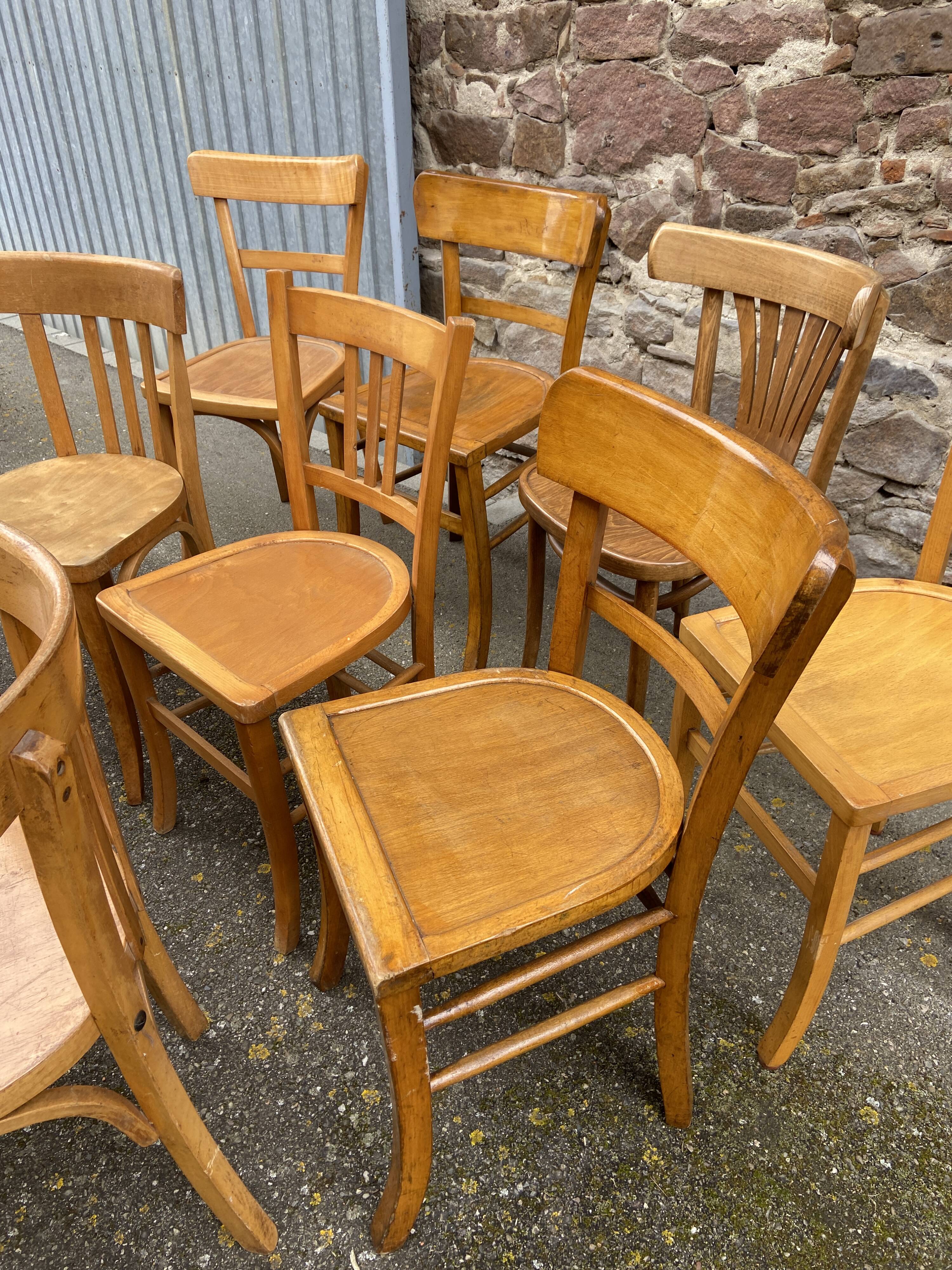 Set of 10 mismatched bistro restaurant chairs 1960 curved wood brasserie