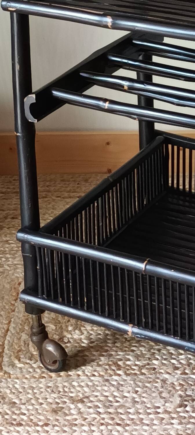 Vintage 50's black lacquered bamboo trolley