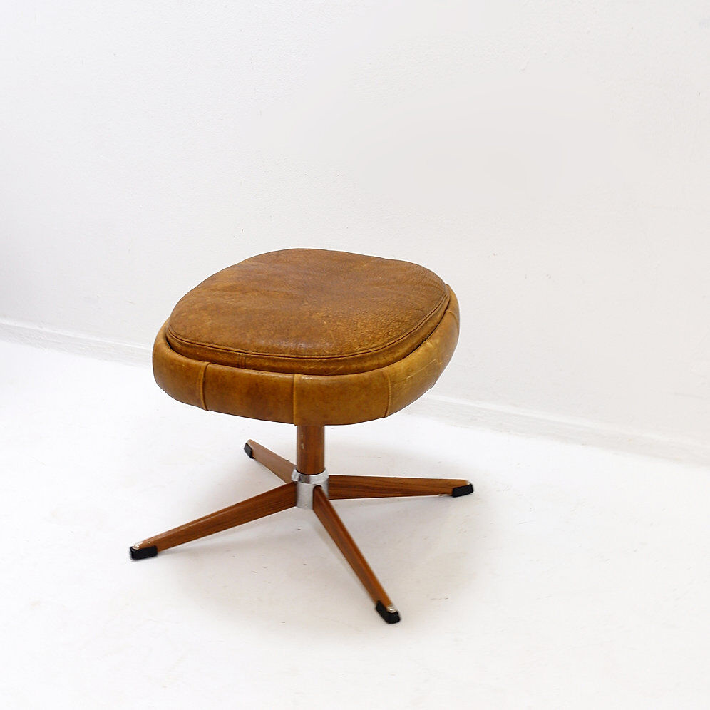 Brown leather swivel footrest with metal base - De Sede, Switzerland.