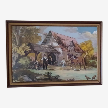 Vintage framed embroidery rural scene