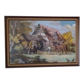 Vintage framed embroidery rural scene