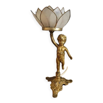 Bedside lamp angel left flower lotus mother-of-pearl base cast iron patinated brass