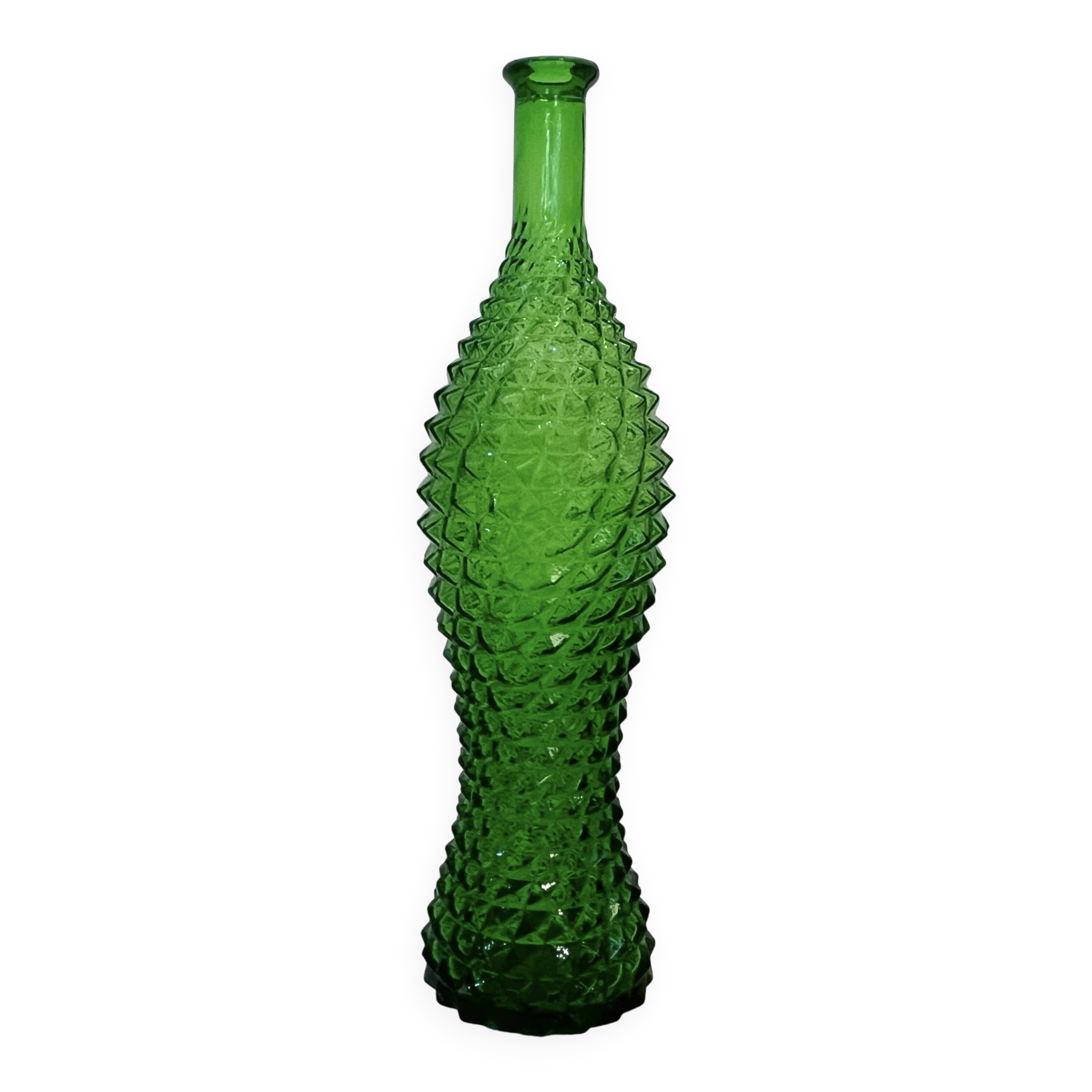 Empoli bottle vintage carafe in green diamond point glass Italy