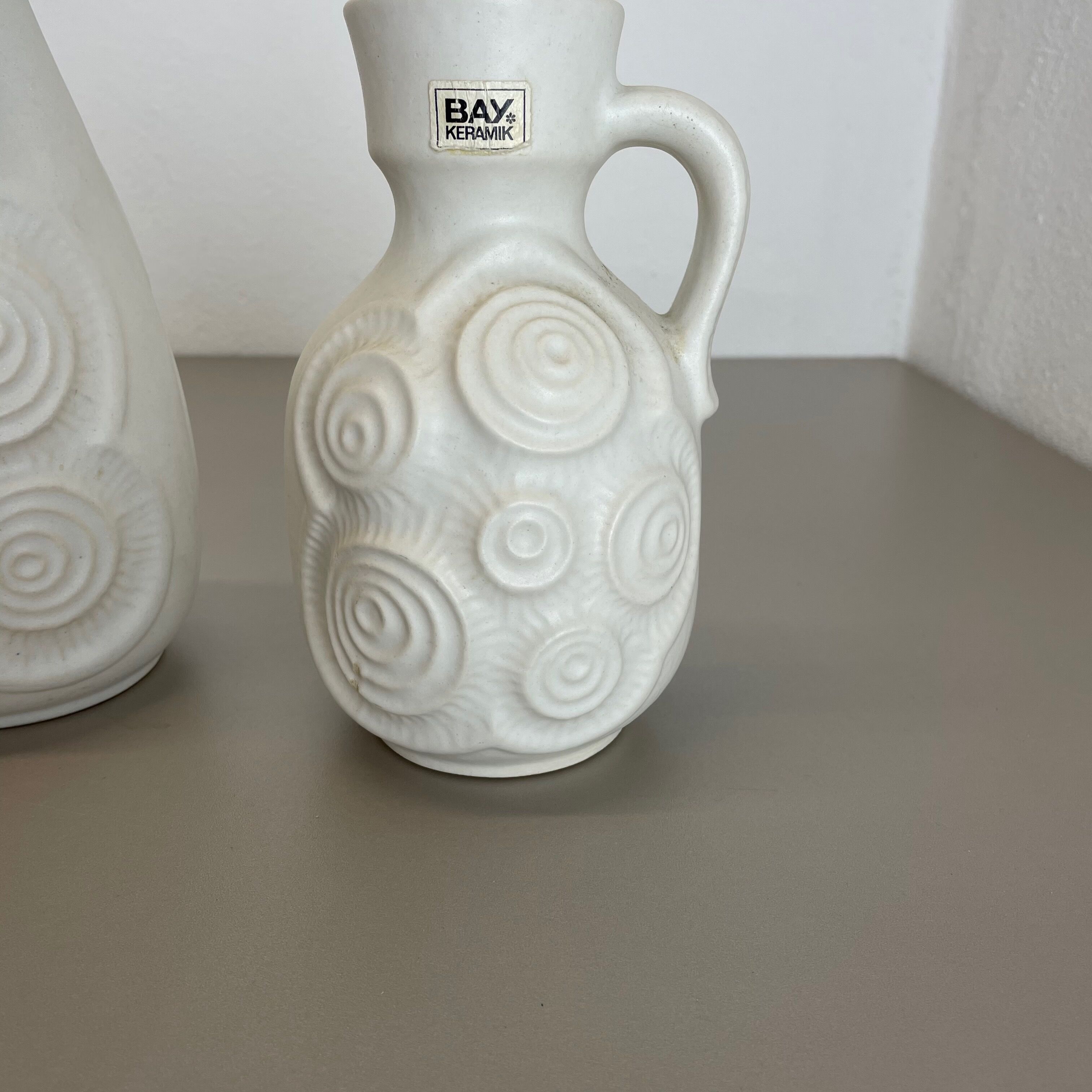 Set of 4 Red-White Fat Lava Op Art Pottery Vases by Bay Ceramics, Germany