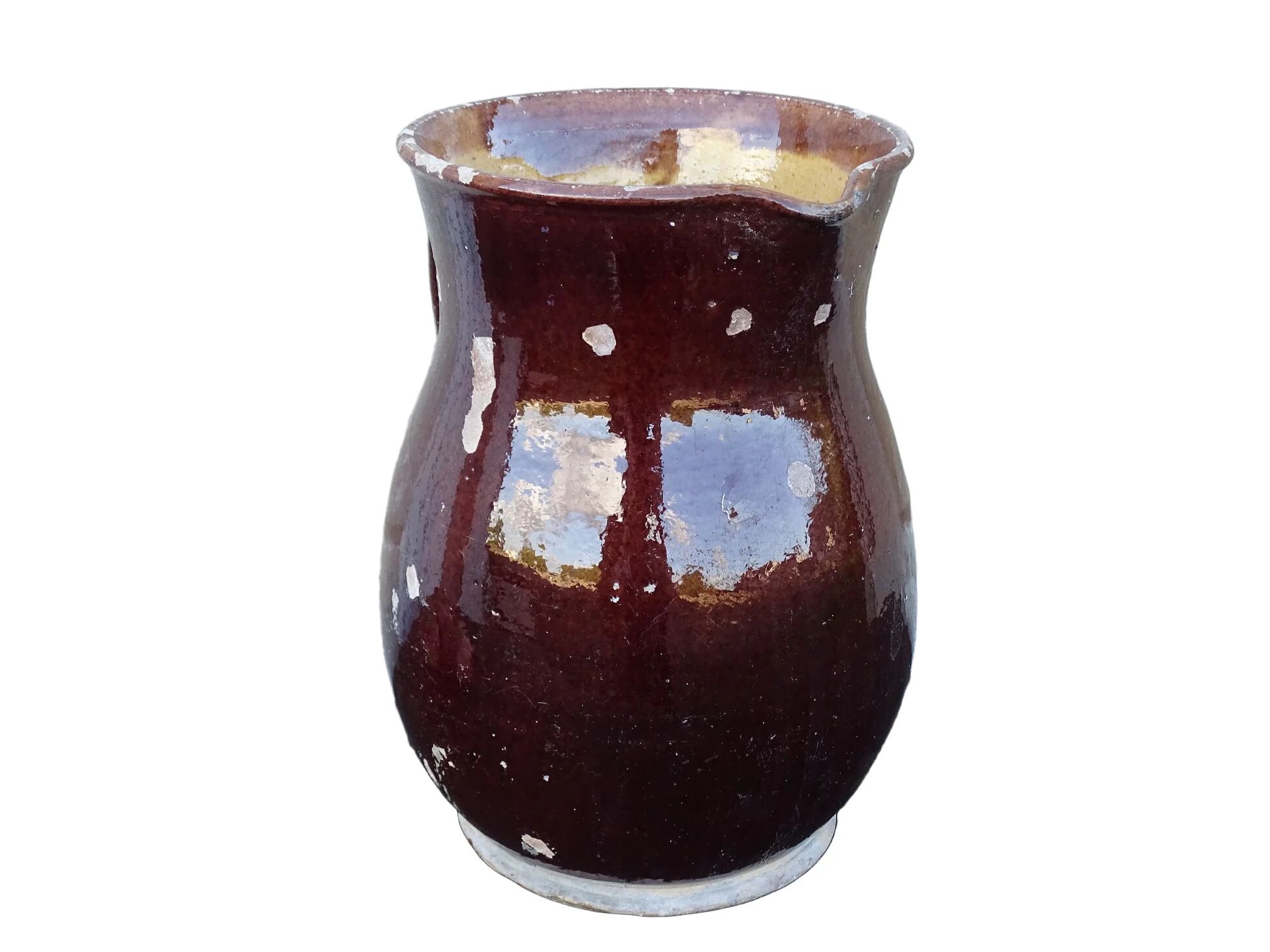 Pichet ancien en faïence française brune à intérieur émaillé jaune