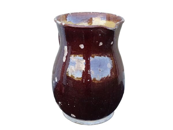 Pichet ancien en faïence française brune à intérieur émaillé jaune