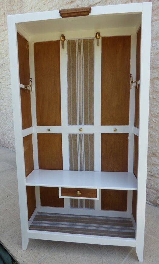 Entrance cabinet white cloakroom and wood linen upholstery fabric