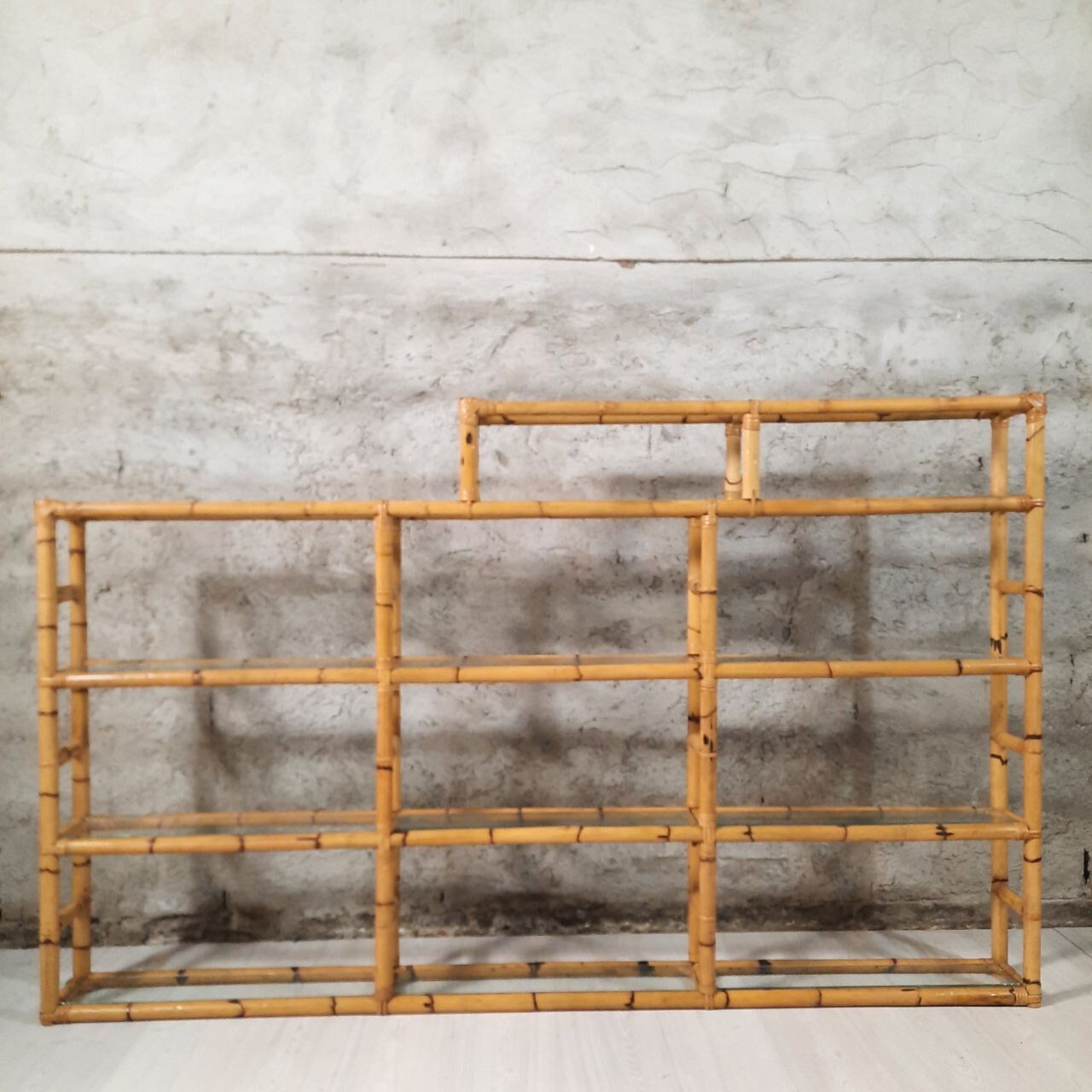 Bookcase, vintage bamboo shelf with glass shelves