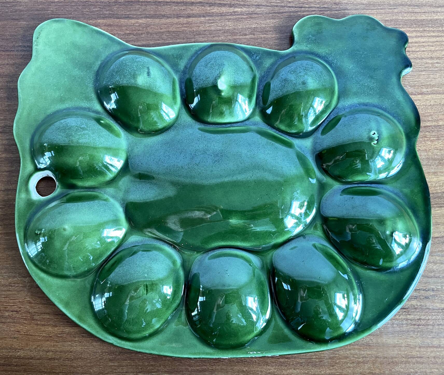 Assiette à œufs farcis en majolique verte en forme de coq, support à œufs pour 10 œufs
