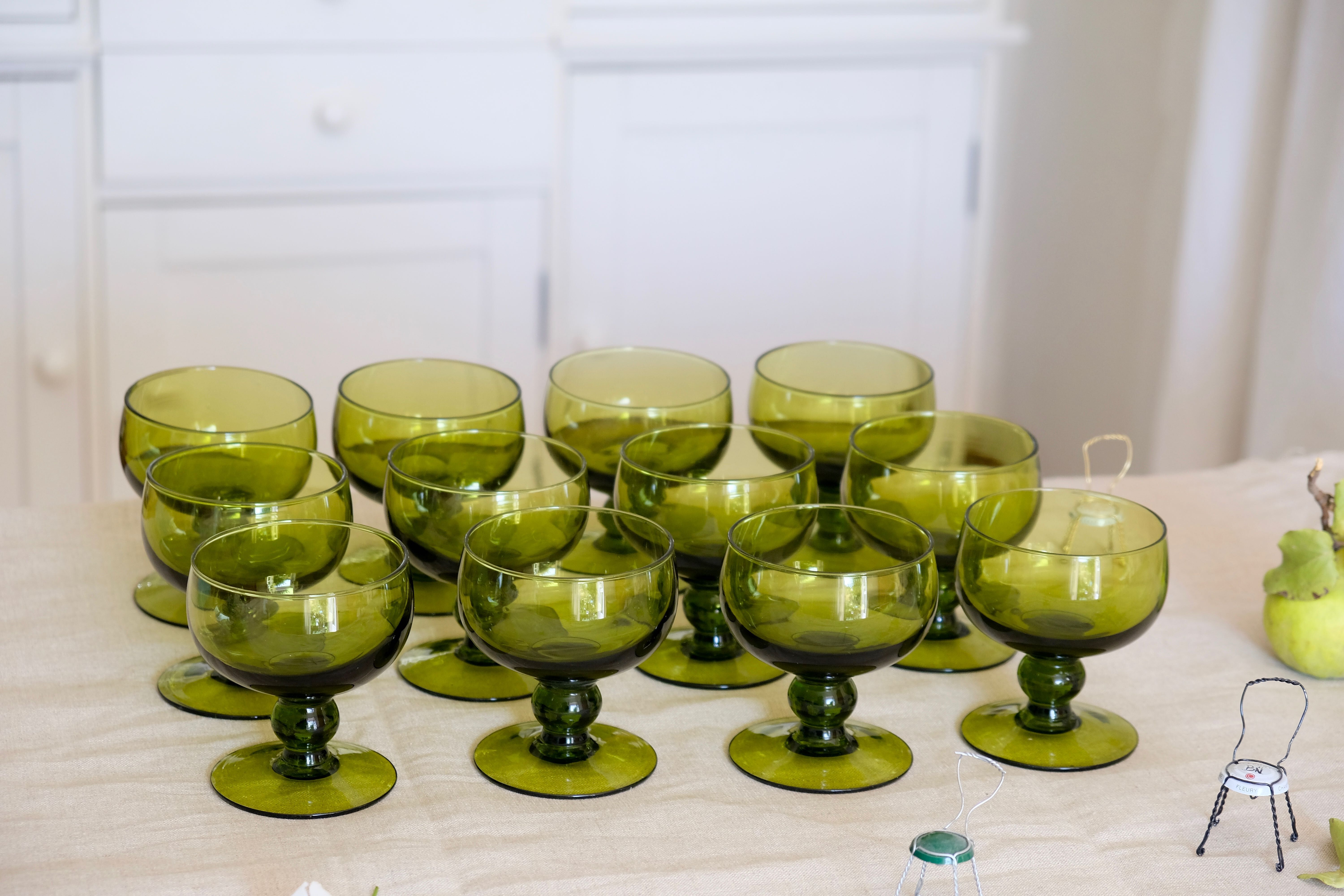 Set of 12 olive green wine glasses, mouth soufflé from the 50s