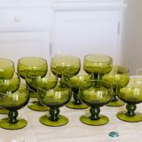 Set of 12 olive green wine glasses, mouth soufflé from the 50s