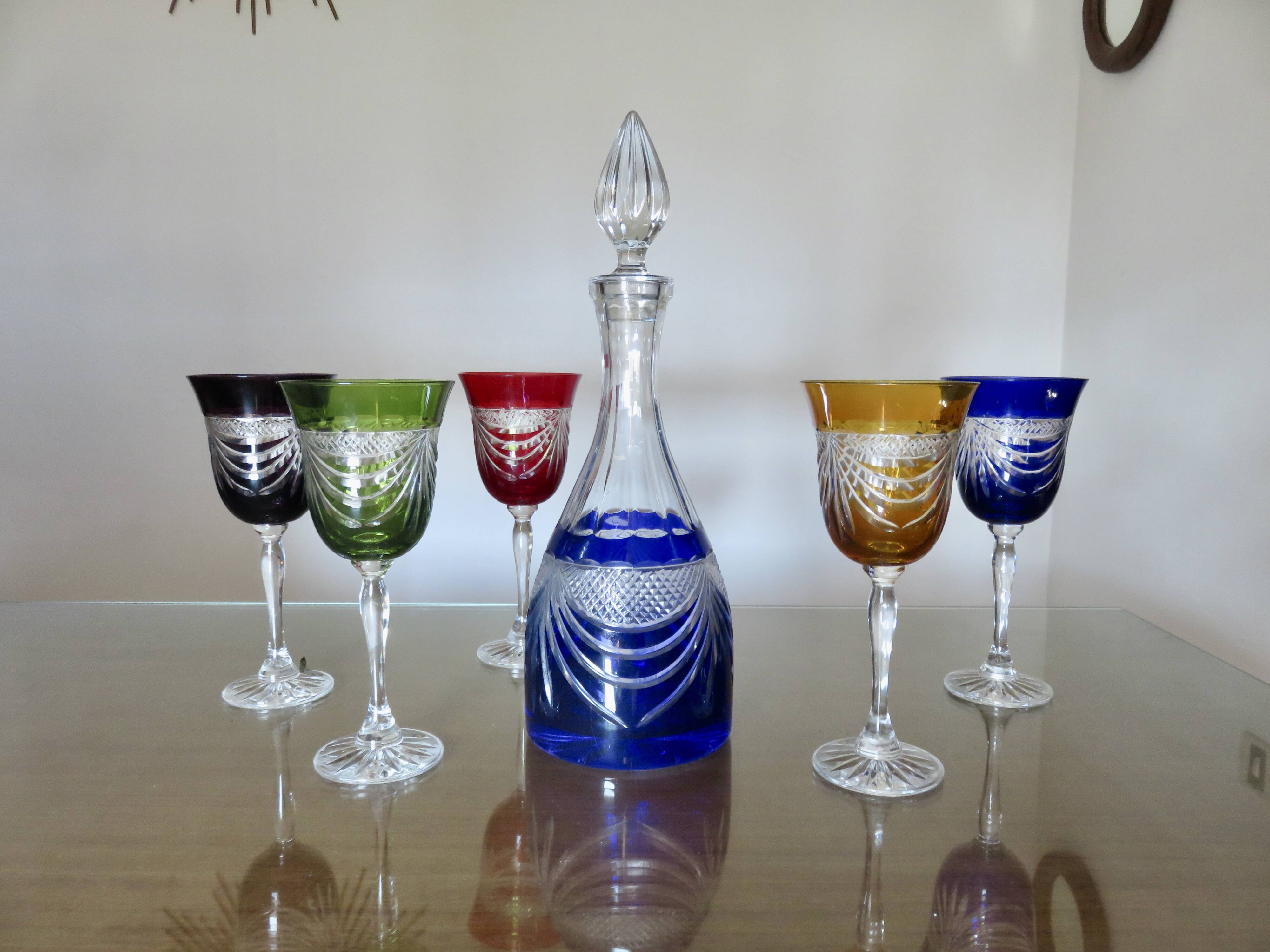 Service cristal couleur "Cristalleries de Lorraine" carafe et 5 verres