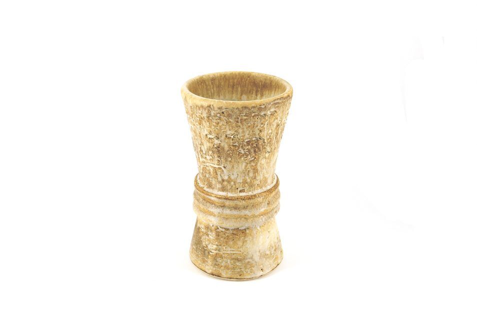 Beige coarse earthenware vase in the shape of an hourglass