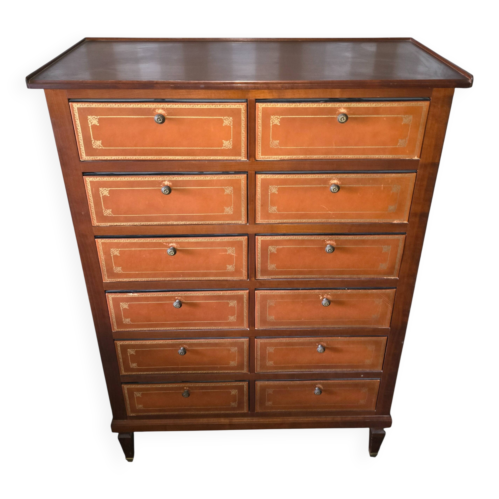 Weekly planner with 12 drawers, wood & leather fronts, notary's furniture.