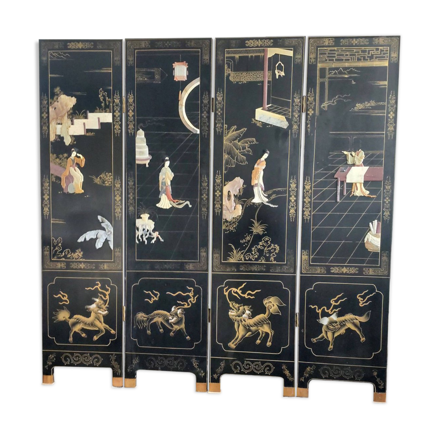 Chinese screen in black lacquer and marble stone