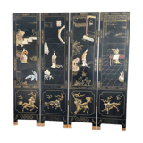 Chinese screen in black lacquer and marble stone