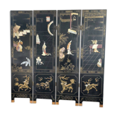 Chinese screen in black lacquer and marble stone