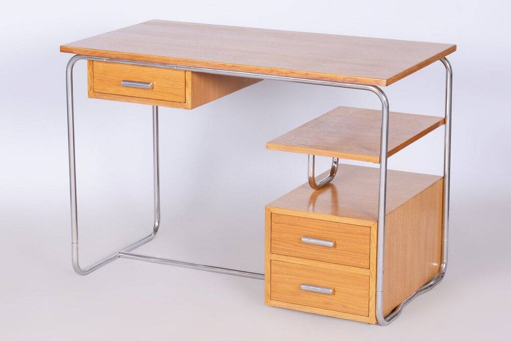 Bauhaus Writing Desk in Oak, Chrome-Plated Steel, Germany, 1930s