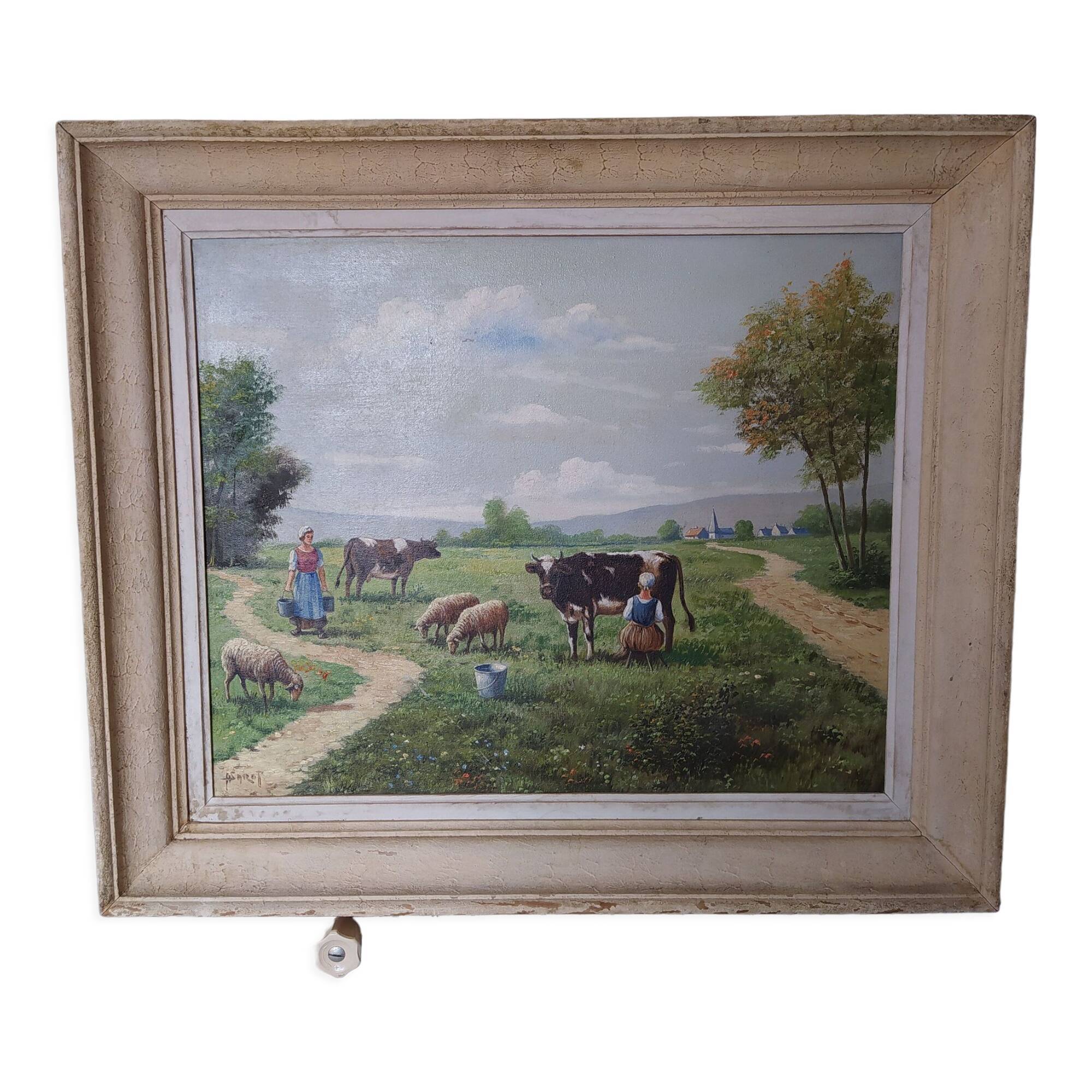 Tableau ancien 1950 la traite des vaches signee R Sarot