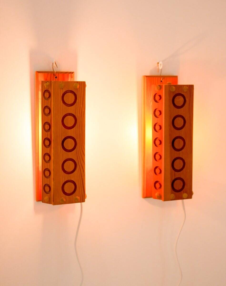Mid-century modern pine wall sconces from Vemdalia, Sweden, 1975, set of 2