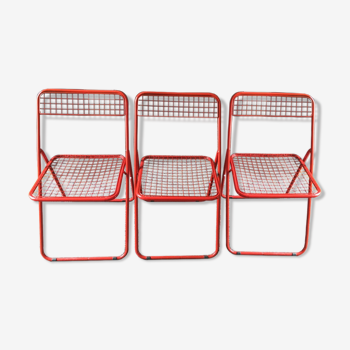 Set of three red metal folding chairs Ted Net by Niels Gammelgaard for Ikea 1970