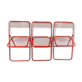 Set of three red metal folding chairs Ted Net by Niels Gammelgaard for Ikea 1970