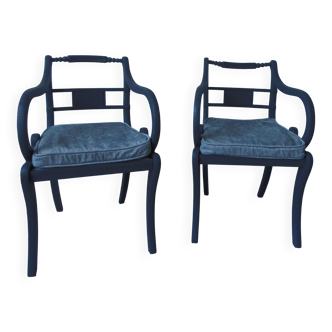 Pair of re-enchanted slate grey cross-back armchairs, completely redone